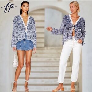 Free People Anissa Embroidered Cardi in Blue